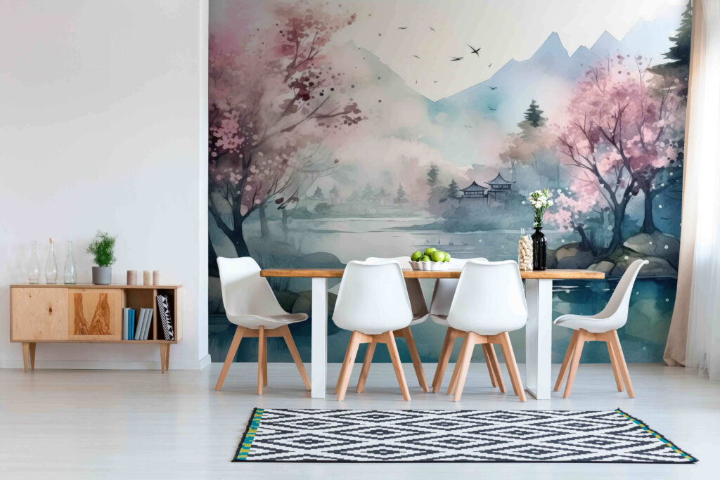 Watercolor painting of a lake with trees and mountains Watercolor painting of a lake with trees and mountains