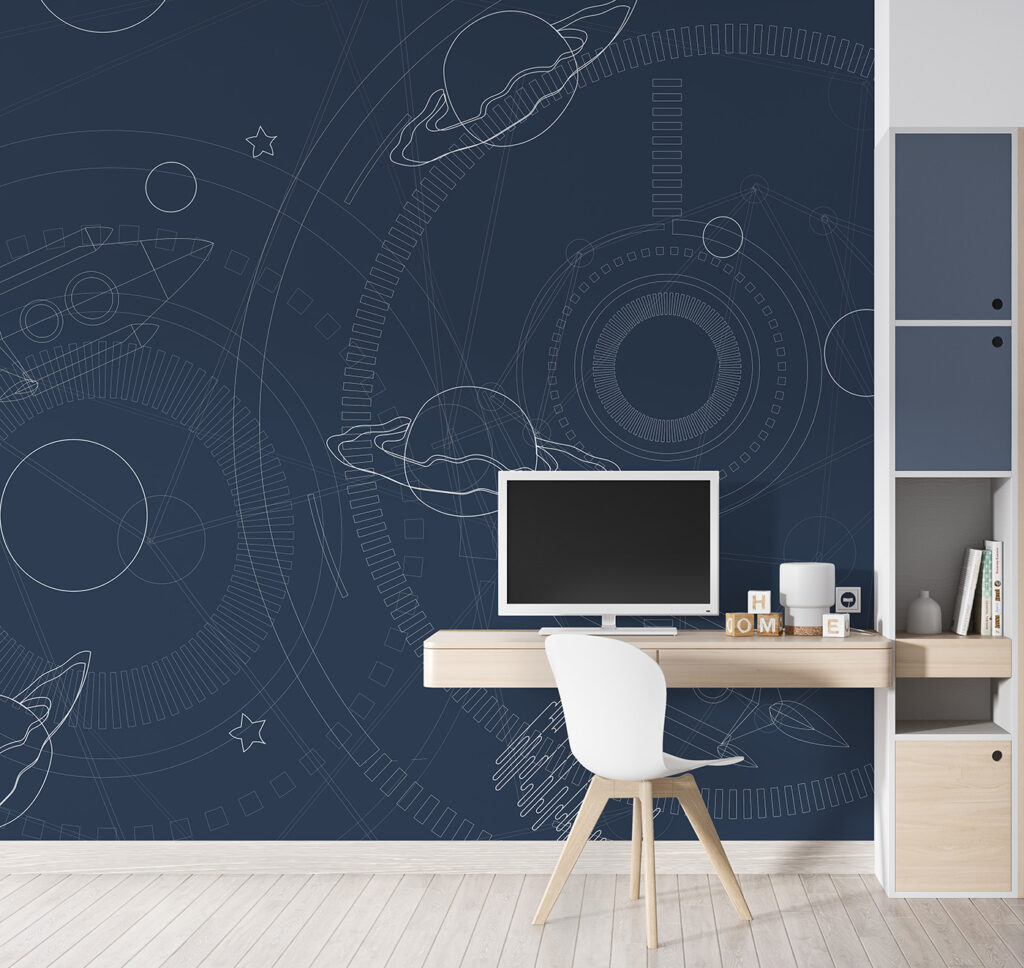 Blue and white background with planets and stars
