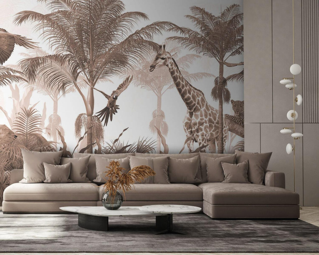 Giraffes and a parrot in a forest Giraffes and a parrot in a forest