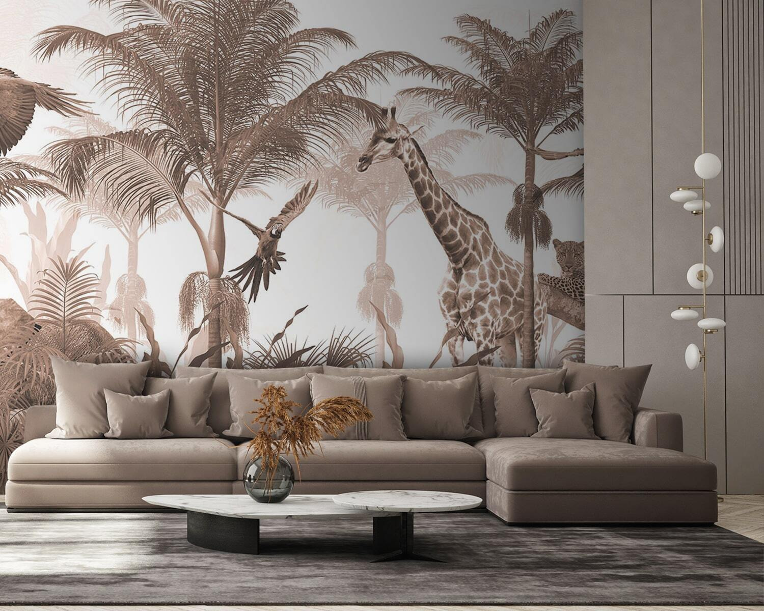Giraffes and a parrot in a forest