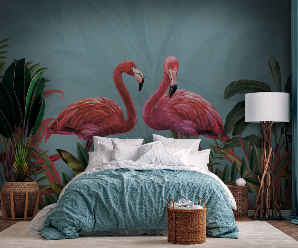 Two pink flamingos and green leaves Two pink flamingos and green leaves