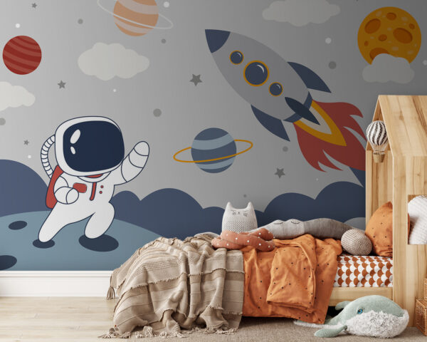 Dibujo animado de un astronauta caminando sobre un planeta con un cohete en el cielo Dibujo animado de un astronauta caminando sobre un planeta con un cohete en el cielo