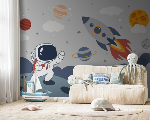 Dibujo animado de un astronauta caminando sobre un planeta con un cohete en el cielo Dibujo animado de un astronauta caminando sobre un planeta con un cohete en el cielo