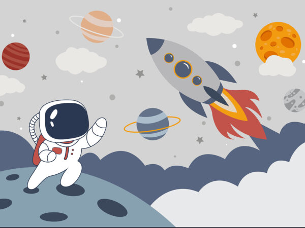 Dibujo animado de un astronauta caminando sobre un planeta con un cohete en el cielo Dibujo animado de un astronauta caminando sobre un planeta con un cohete en el cielo