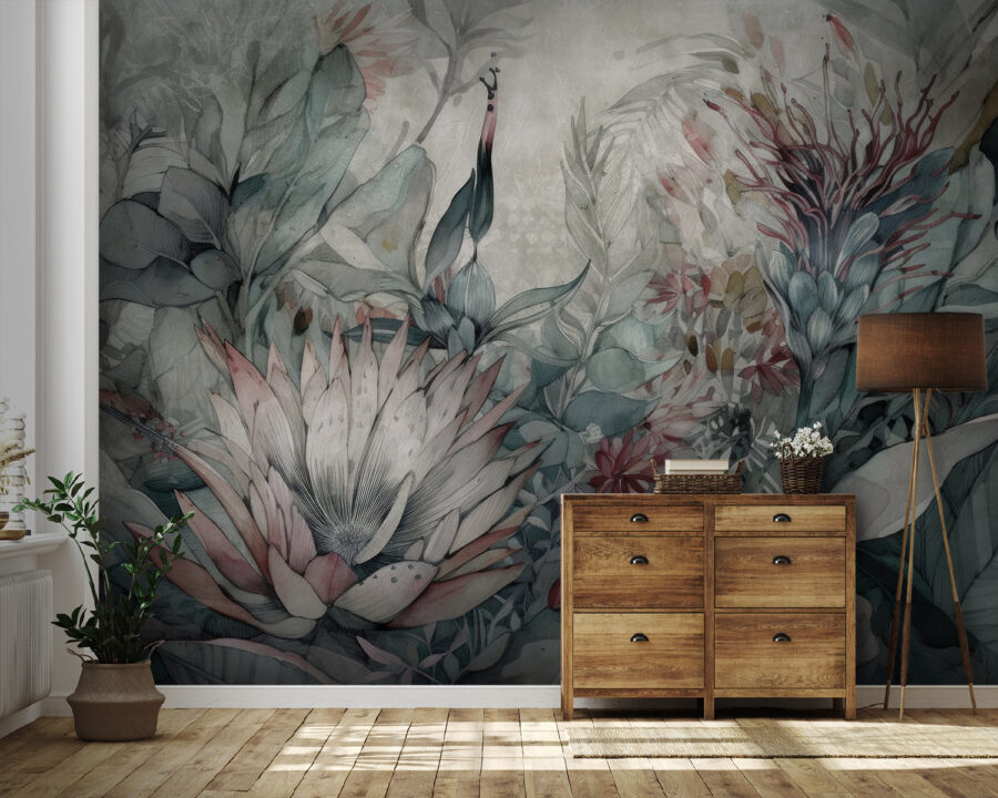Pintura de flores y hojas