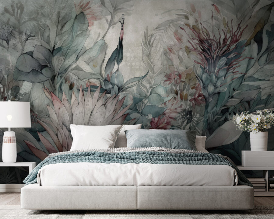 Pintura de flores y hojas