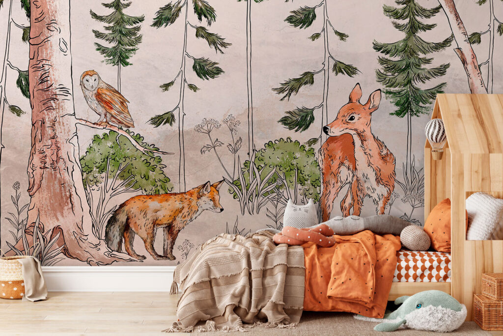Wall mural with animals and trees
