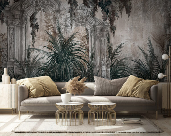 Painting of a stone arch with plants
