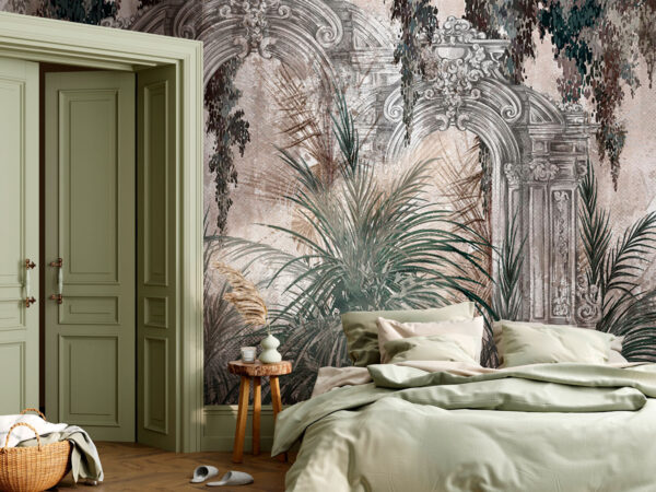 Painting of a stone arch with plants