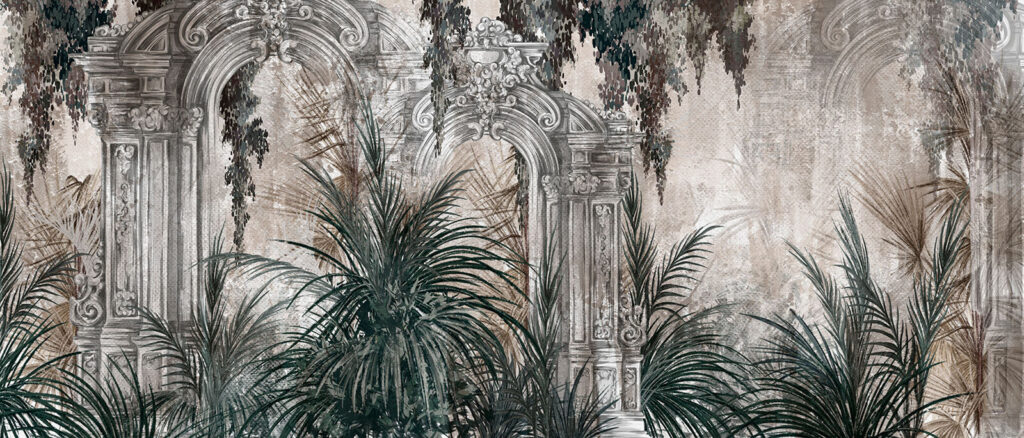 Painting of a stone arch with plants