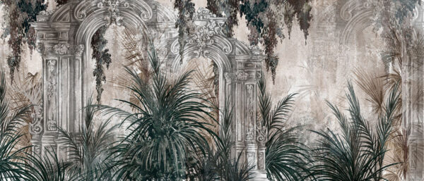 Painting of a stone arch with plants
