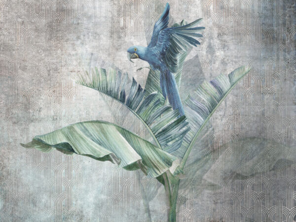 Loro azul sobre una hoja de plátano Loro azul sobre una hoja de plátano