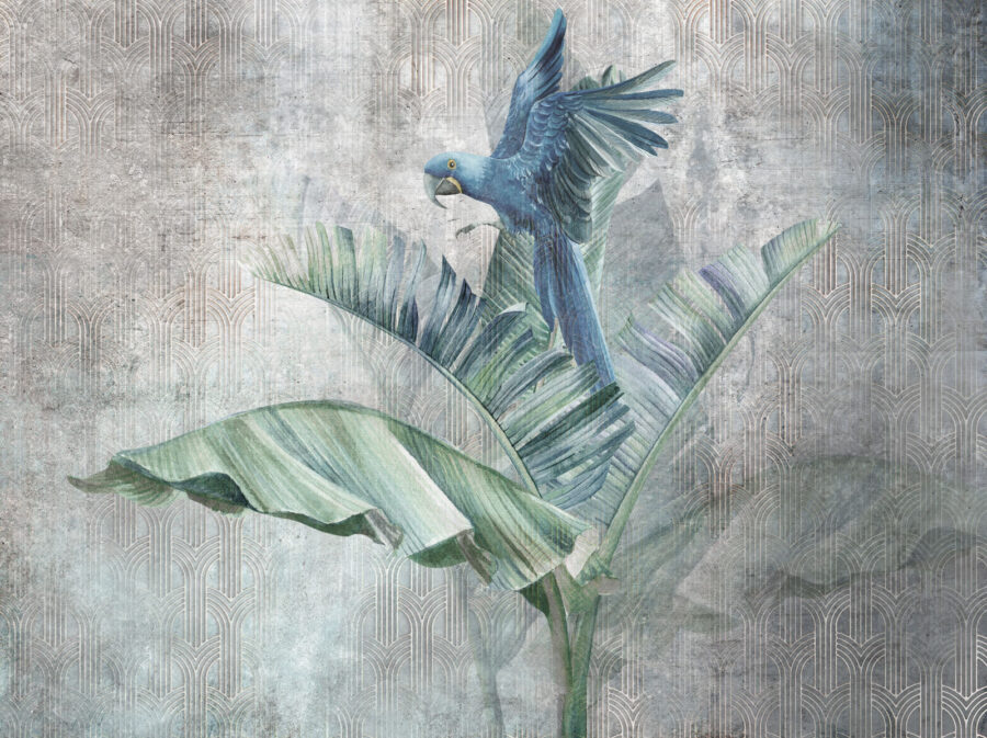 Loro azul sobre una hoja de plátano