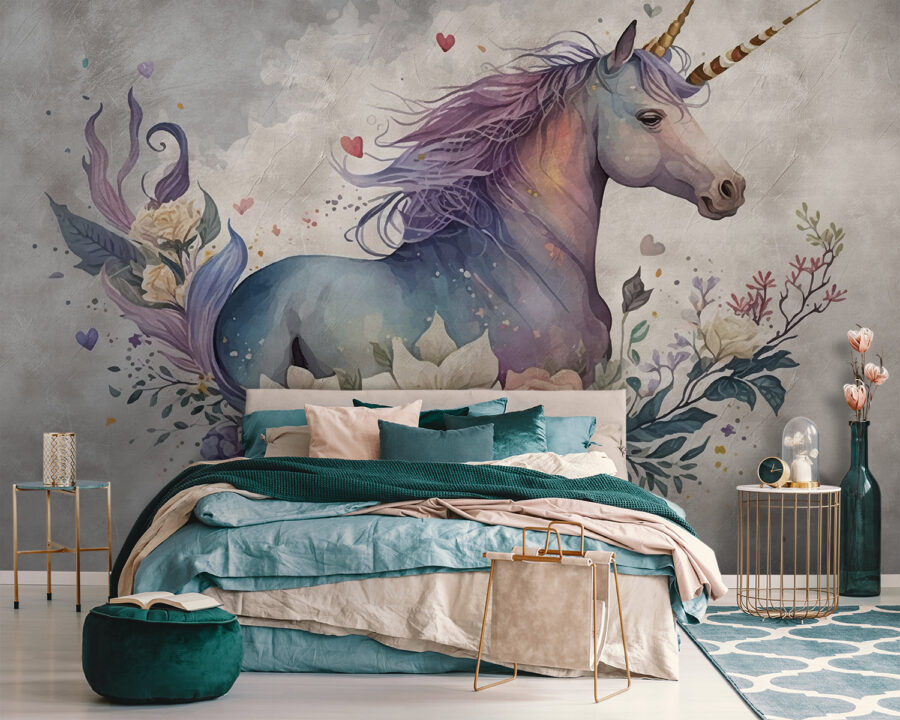 Un unicornio con flores y hojas