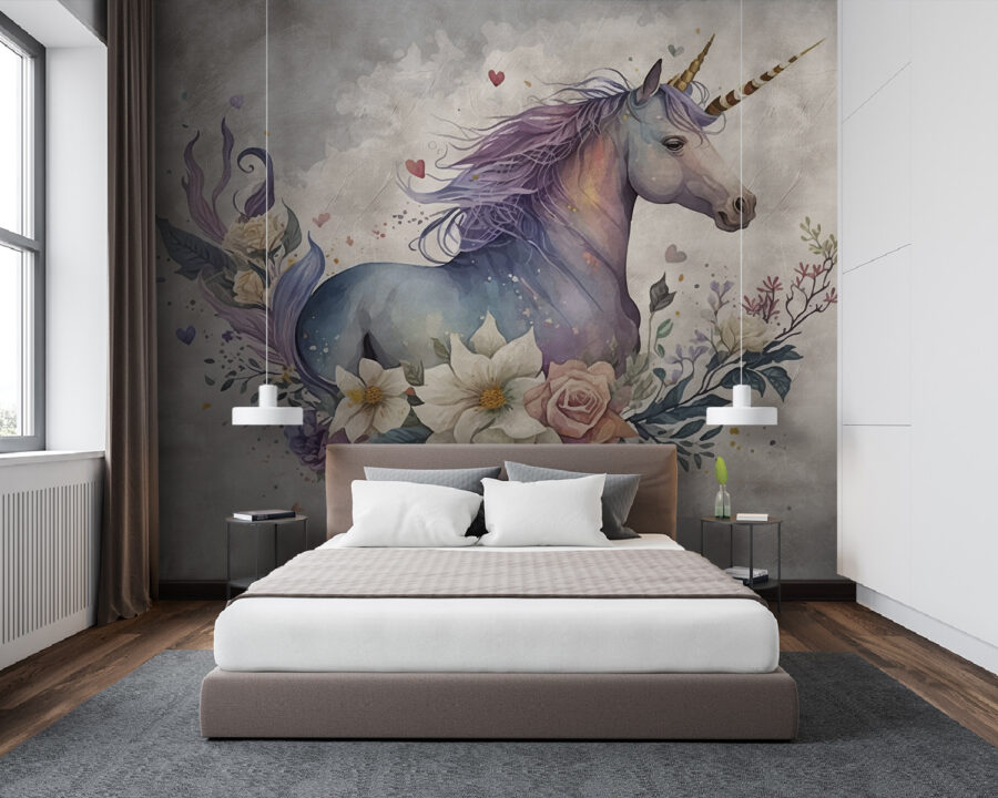 Un unicornio con flores y hojas