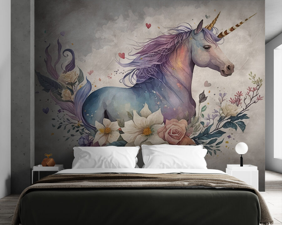 Un unicornio con flores y hojas