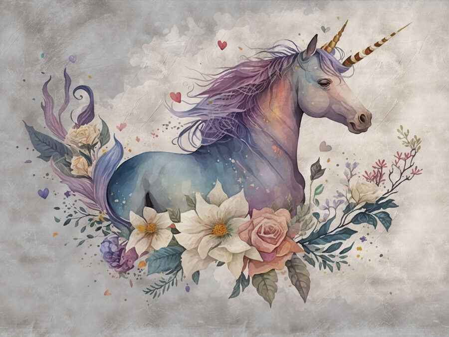 Un unicornio con flores y hojas