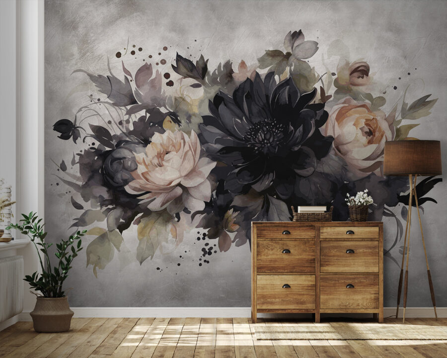 Pintura de flores y hojas