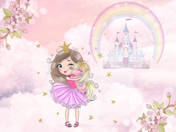 Dibujo animado de una niña abrazando a una niña con un vestido rosa Dibujo animado de una niña abrazando a una niña con un vestido rosa