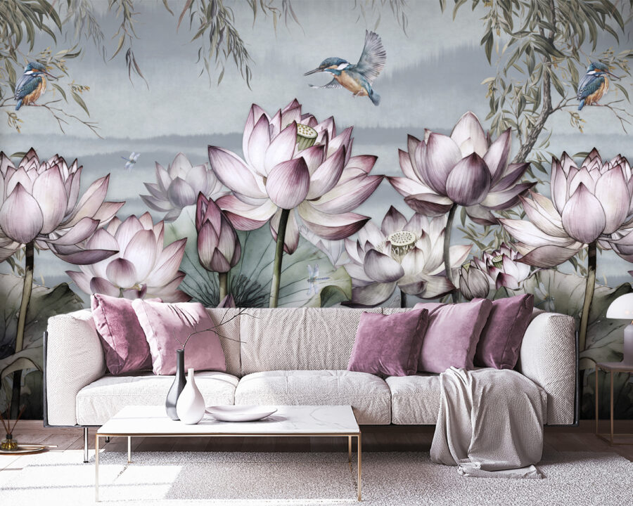 Pintura de flores y un pájaro