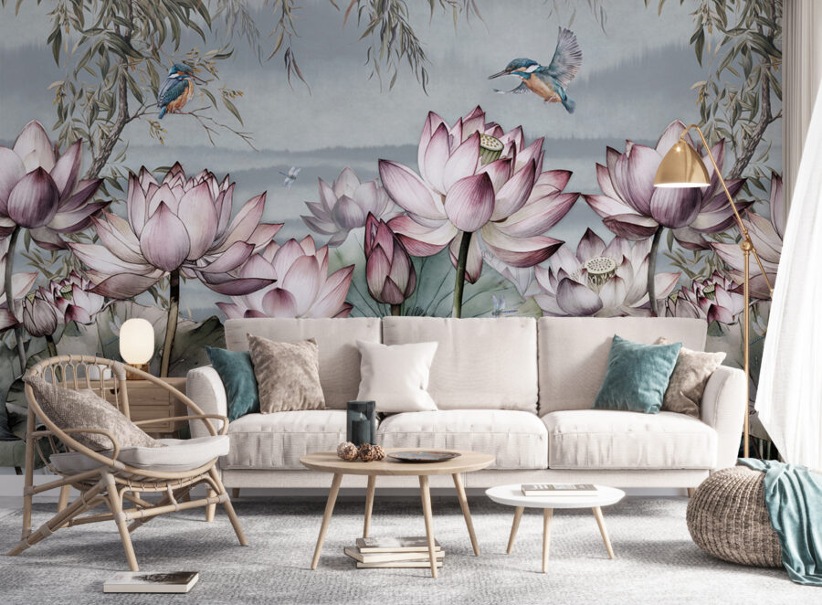 Pintura de flores y un pájaro