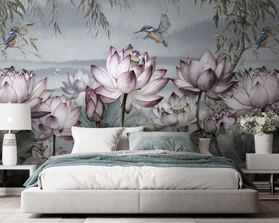 Pintura de flores y un pájaro