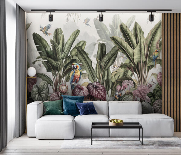 Papel pintado con plantas y pájaros tropicales Papel pintado con plantas y pájaros tropicales