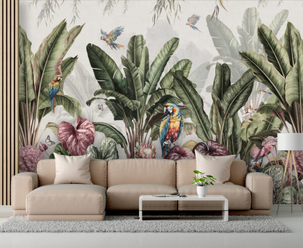 Papel pintado con plantas y pájaros tropicales Papel pintado con plantas y pájaros tropicales