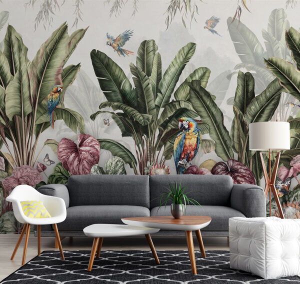 Papel pintado con plantas y pájaros tropicales Papel pintado con plantas y pájaros tropicales