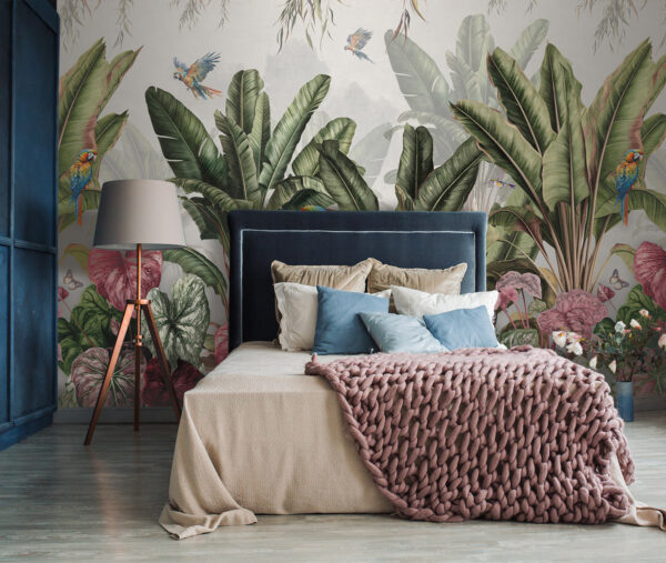 Papel pintado con plantas y pájaros tropicales Papel pintado con plantas y pájaros tropicales