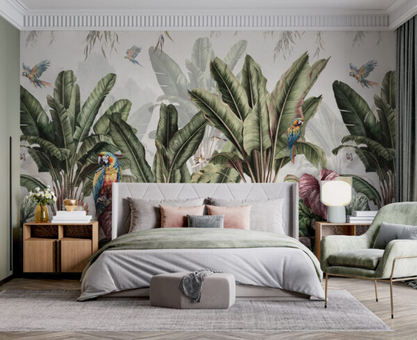 Papel pintado con plantas y pájaros tropicales Papel pintado con plantas y pájaros tropicales