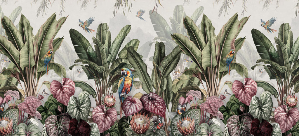 Papel pintado con plantas y pájaros tropicales Papel pintado con plantas y pájaros tropicales