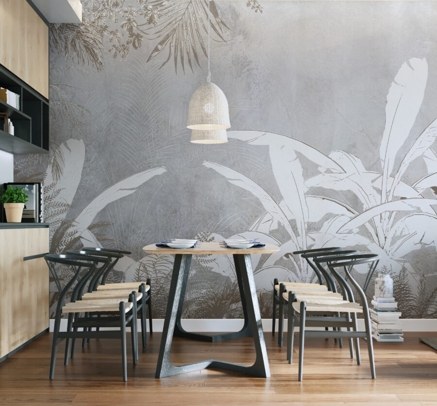 Papel pintado blanco y gris con plantas