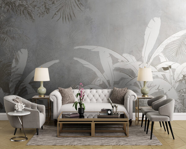 Papel pintado blanco y gris con plantas Papel pintado blanco y gris con plantas