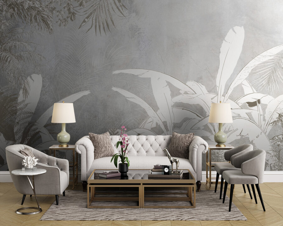 Papel pintado blanco y gris con plantas