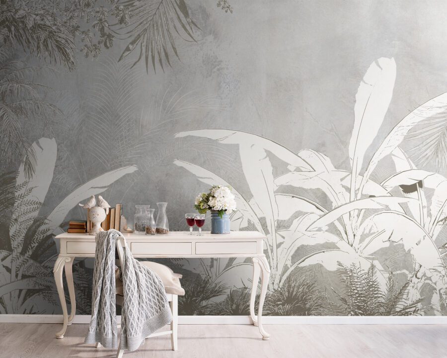 Papel pintado blanco y gris con plantas