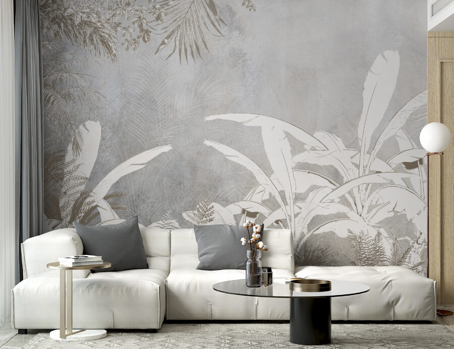 Papel pintado blanco y gris con plantas