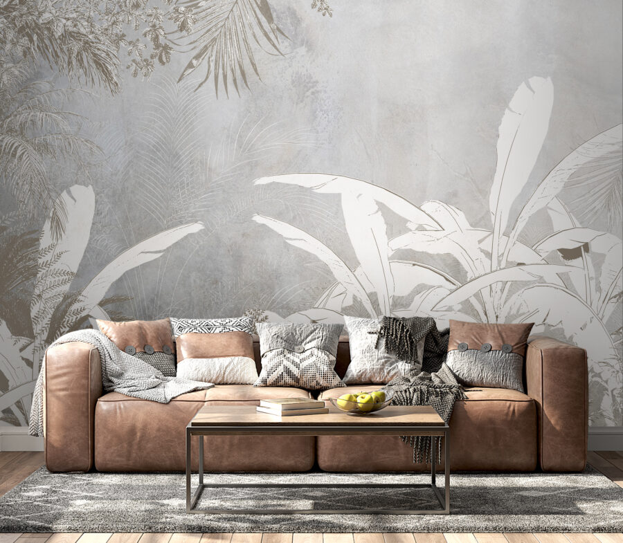 Papel pintado blanco y gris con plantas