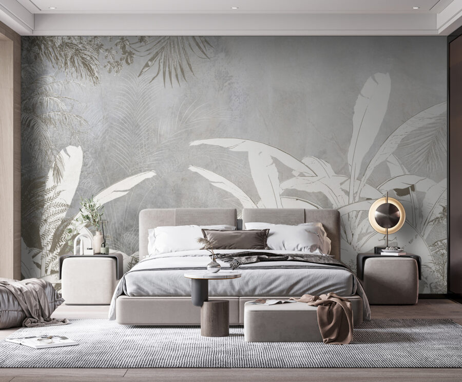 Papel pintado blanco y gris con plantas