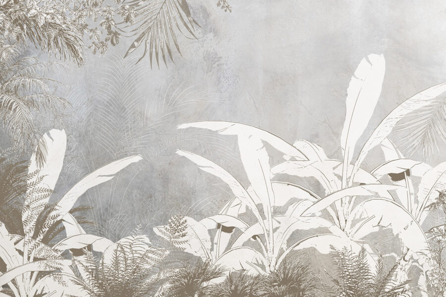 Papel pintado blanco y gris con plantas