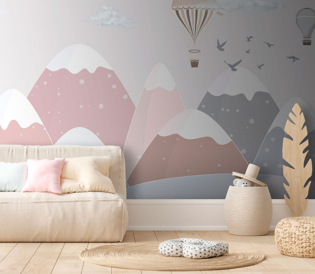 Hot air balloon flying over mountains Hot air balloon flying over mountains