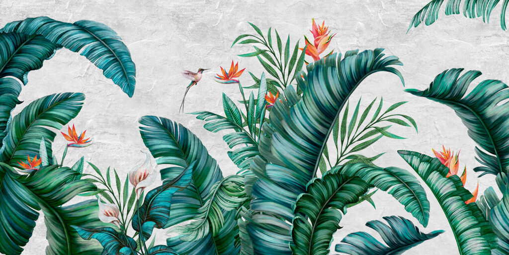 Tropical foliage with vibrant flowers