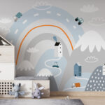 Fotomurales Viñeta de una carretera con casas y arco iris