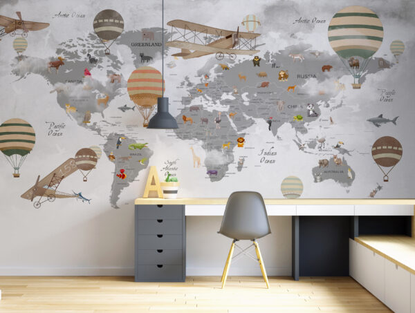 Mapa del mundo con animales y globos aerostáticos Mapa del mundo con animales y globos aerostáticos