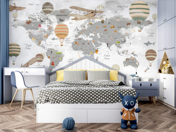 Mapa del mundo con animales y globos aerostáticos Mapa del mundo con animales y globos aerostáticos