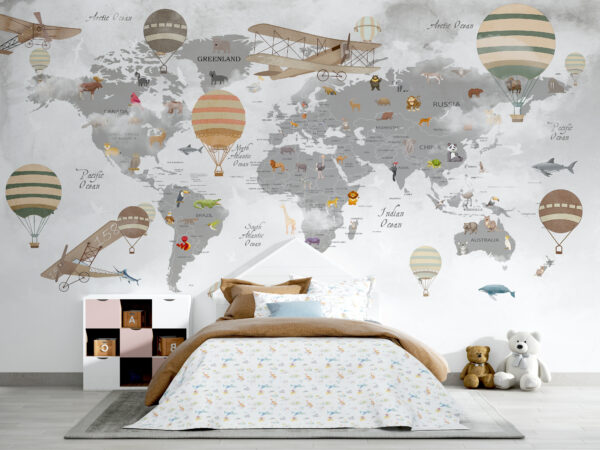 Mapa del mundo con animales y globos aerostáticos Mapa del mundo con animales y globos aerostáticos