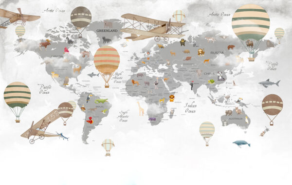 Mapa del mundo con animales y globos aerostáticos Mapa del mundo con animales y globos aerostáticos
