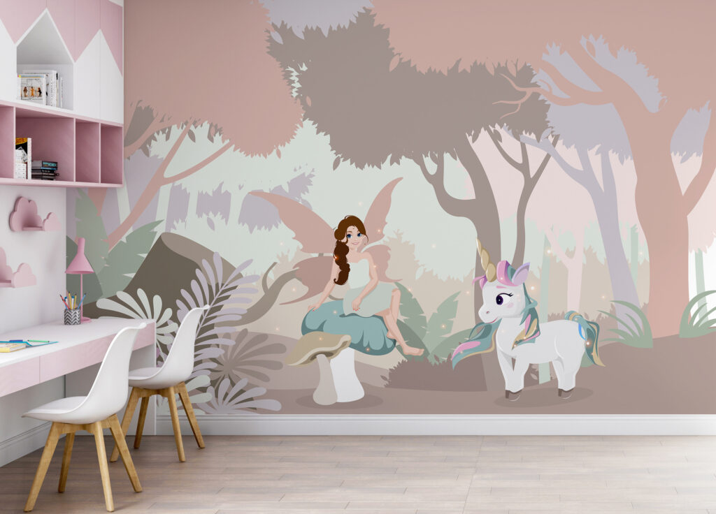 Cartoon of a woman sitting on a mushroom with a unicorn