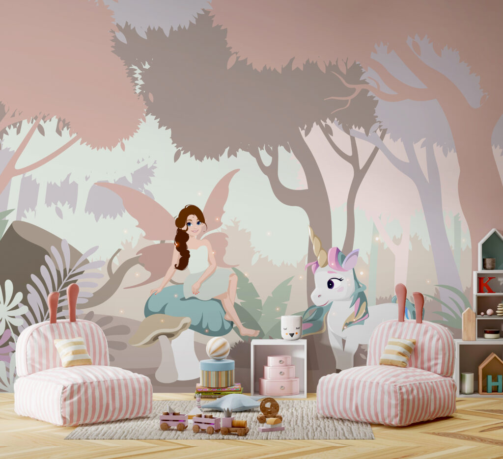 Cartoon of a woman sitting on a mushroom with a unicorn