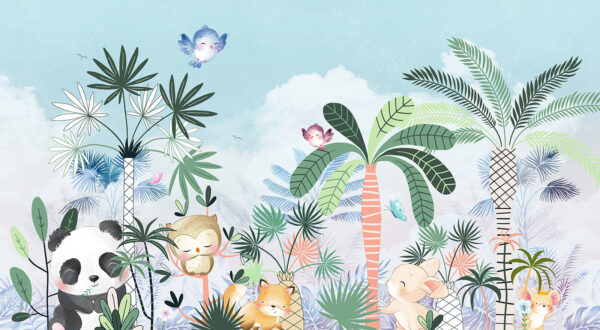 Dibujo animado de animales y pájaros en un bosque Dibujo animado de animales y pájaros en un bosque